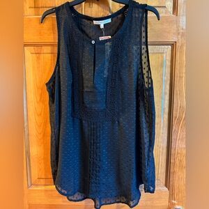 Daniel Rainn Sheer Tank Top Sleeveless Lace Trim Blouse‎ Black XL BNWT